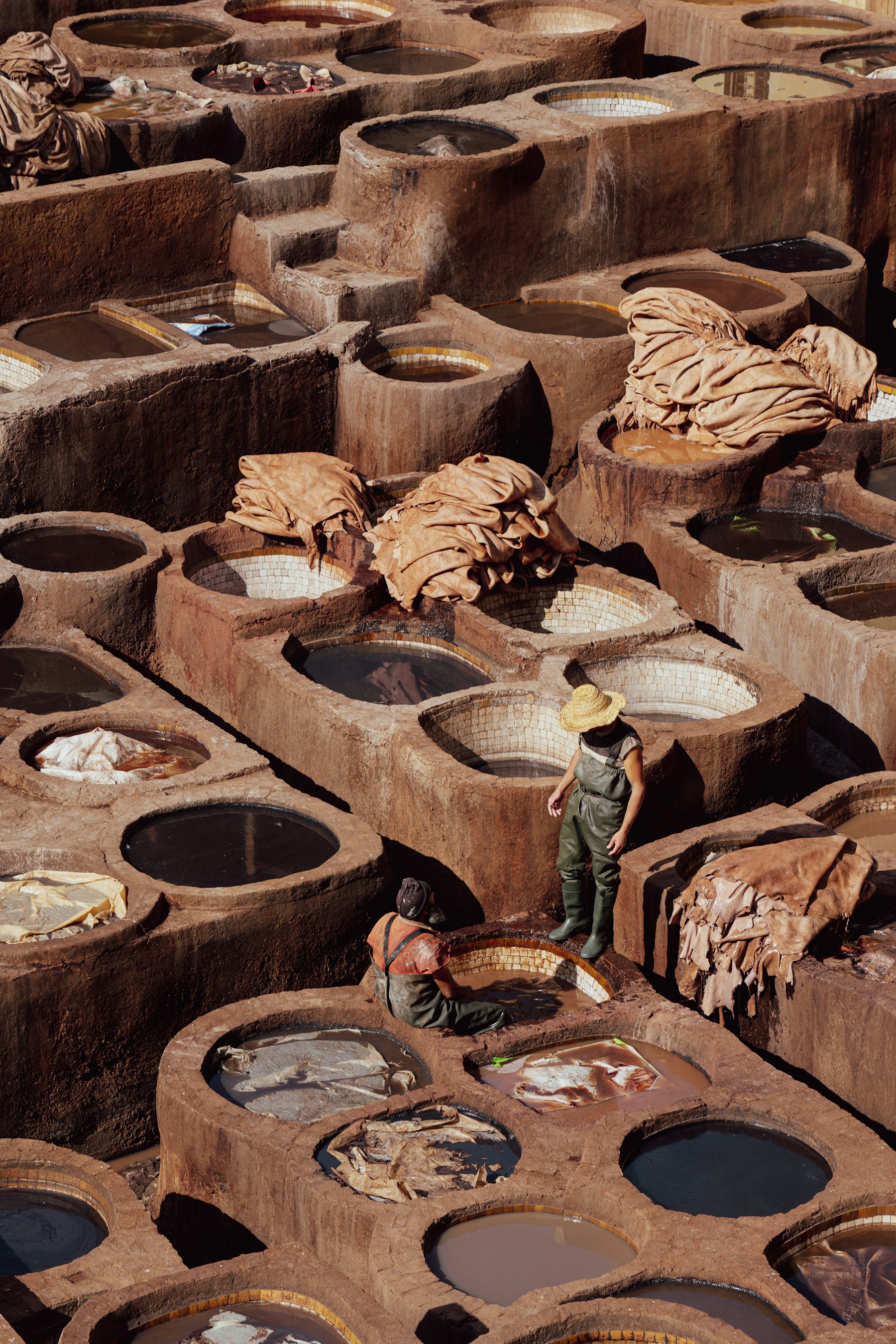 Tamil Nadu leather industry — overhead view of traditional tanning pots